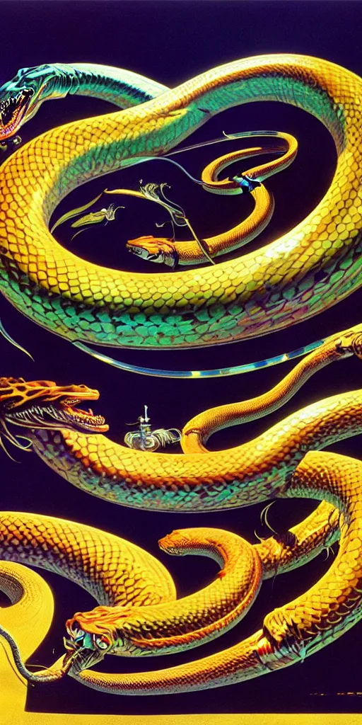 Prompt: the great pearlescent multicolored serpent leviathan hyperrrealistic curling around the planet syd mead dali dramatic lighting