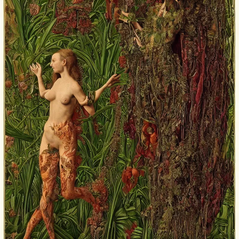 Prompt: a animalistic woman with her skin covered in plant patterns, her face looks like an orchid, huge plants tower around her, jan van eyck, max ernst, trending on artstation, 8 k