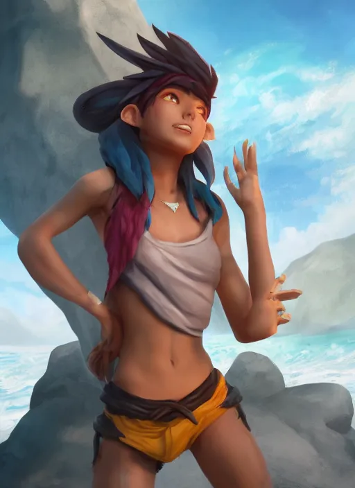 Image similar to youthful taliyah, from league of legends, au naturel, surfing a rock, with abs, hyper detailed, digital art, trending in artstation, cinematic lighting, studio quality, smooth render, unreal engine 5 rendered, octane rendered, art style by klimt and nixeu and ian sprigger and wlop and krenz cushart