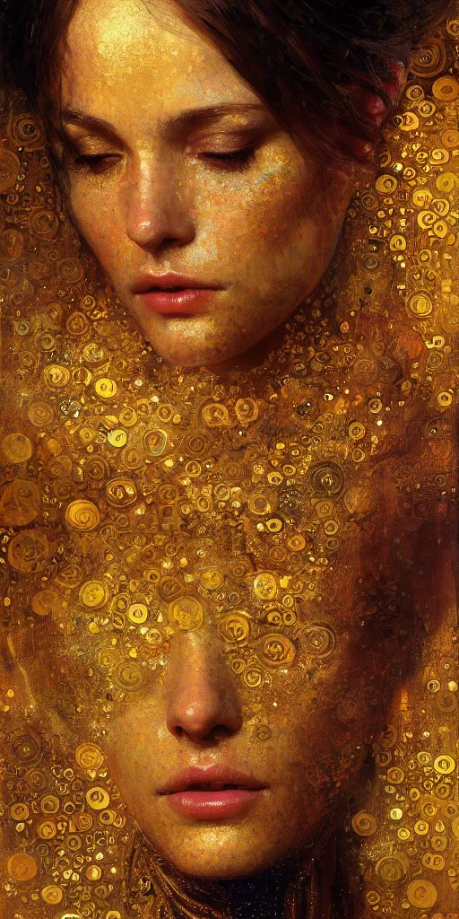 Prompt: an intricate portrait painting of an artistic pose young beautiful lady covered in klimt golden motives and textures, hyper - detailed, octane render, vivid colors, artstation, by jeremy mann, by gustav klimt