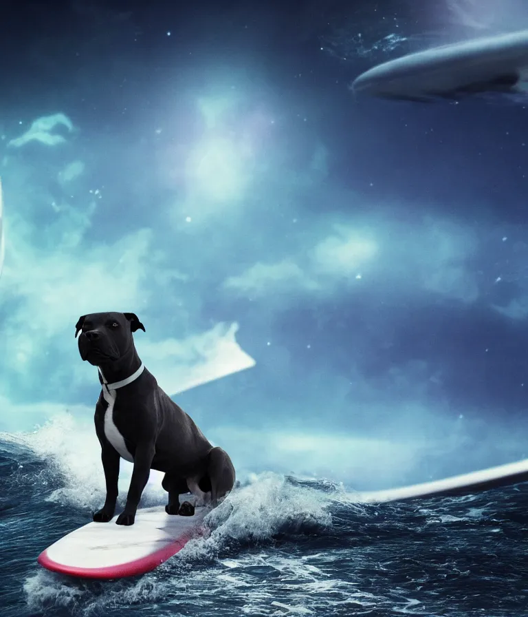 Prompt: photo of a dark gray coat pit bull with a white paws!, surfing on a surfboard in a crashing wave of alien ocean in space, background is an alien galaxy, aliens in the background, alien colors, octane render, unreal engine, wide view, 8 k, highly detailed