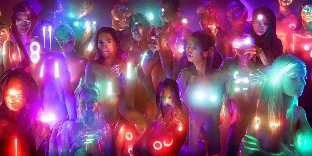 Image similar to diverse groups of humans with glowing electronic body implants projecting amazing 3D graphics, from behind, rebirth, beauty, wide angle, elaborate, wet, highly detailed, colors, beautiful lighting