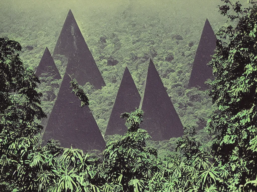 Prompt: old color photo of black pyramid in a jungle