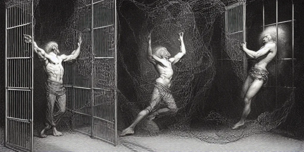 Prompt: a man trapped in a cage, interdimensional forcefield, aura, fear, detailed painting by painting by by gene wolfe, by gustave dore