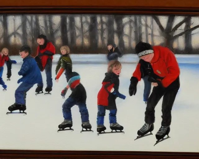 Prompt: Children ice skating. Oil painting by Norbert Schwontkowski.