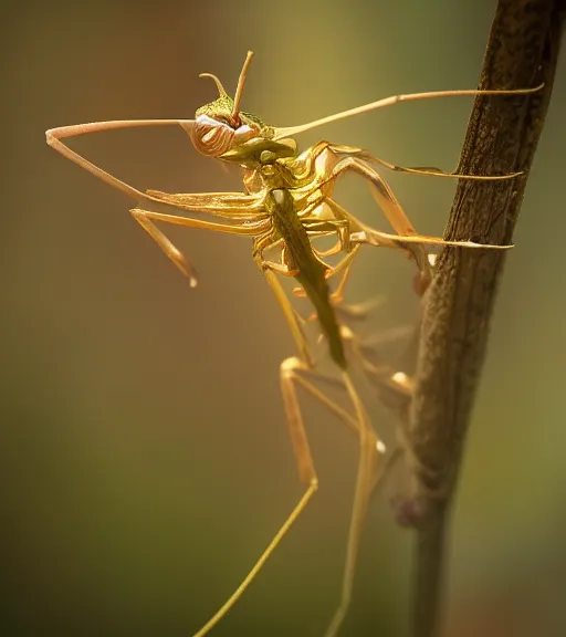 Image similar to super macro photo of a golden mantis on a flower in a forest. dof. bokeh. magical atmosphere. art by greg rutkowski. lifelike. very detailed 8 k. intricate. soft light. nikon d 8 5 0.