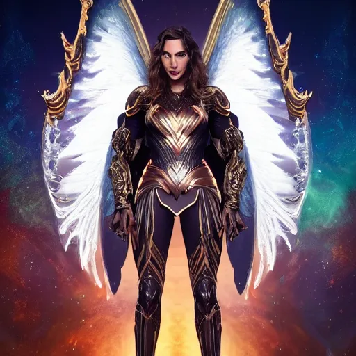 Image similar to full body center frame digital art. hero pose of gal gadot as a dark seraphim angelic warrior wearing a futuristic, intricate, body sculpted cosmic armor and flowey ornate robes highly detailed 8 k hdr award - winning trending on artstation ann _ sto.