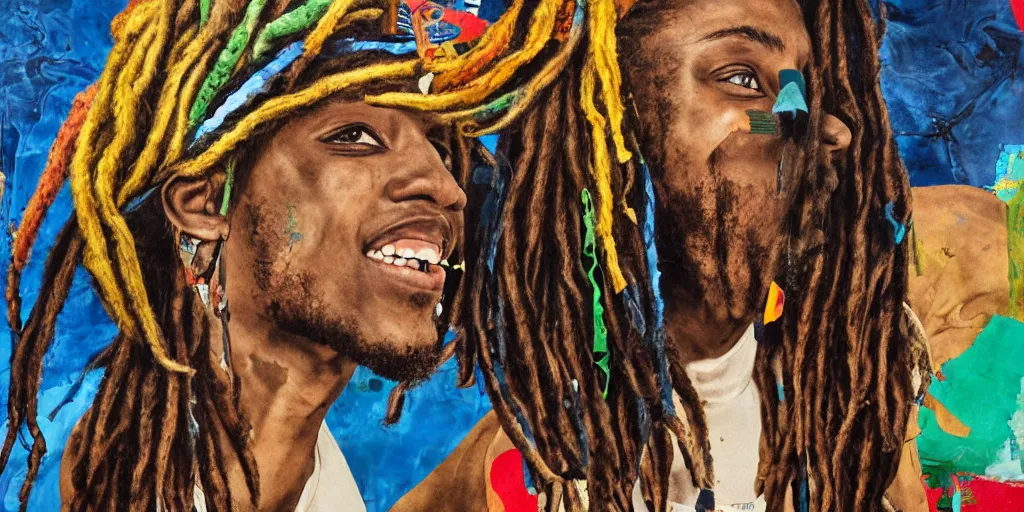 Prompt: dreadlocks chillin, collage paper and tape, acrylic on canvas, hyperrealism mixed with expressionism, high resolution, cinematic, unreal 6 breathtaking detailed, by blake neubert