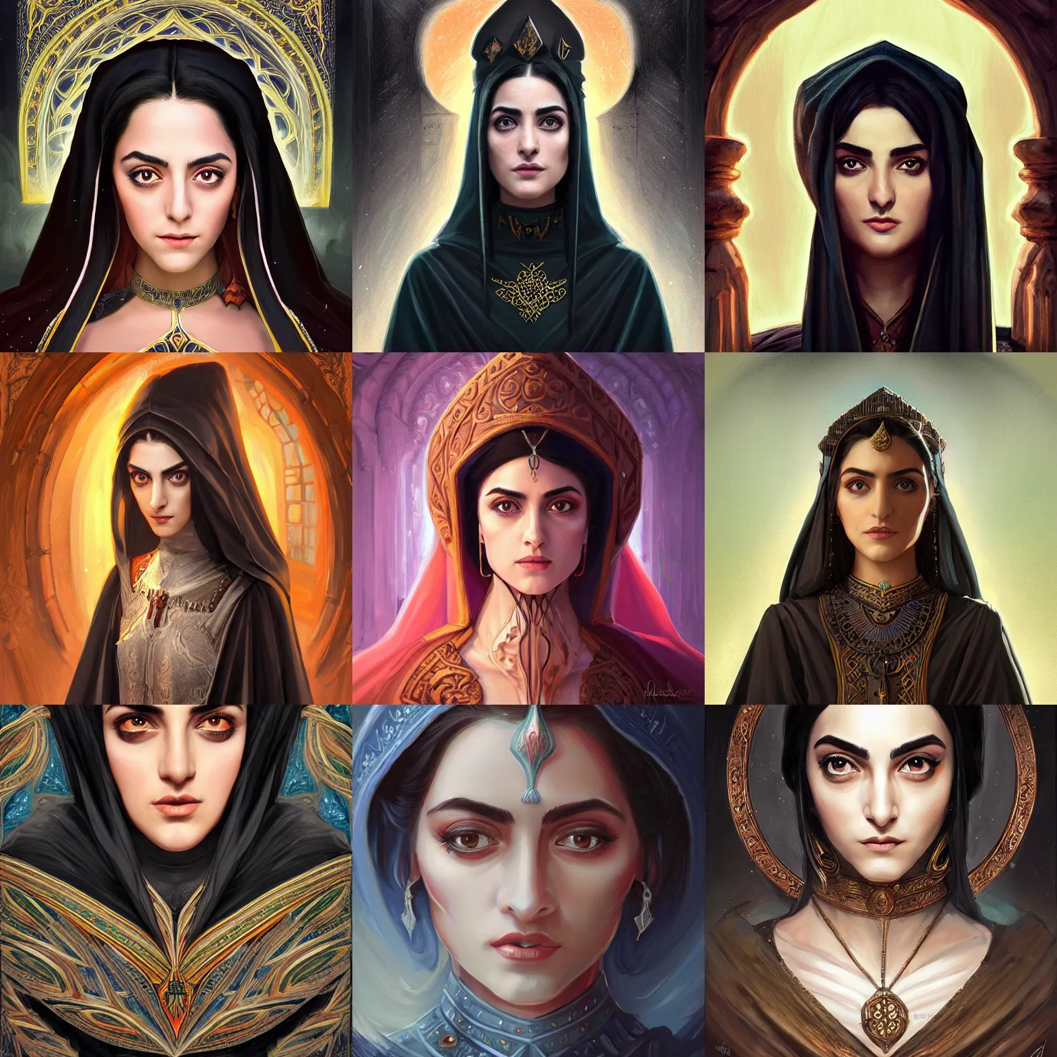 Prompt: head-on symmetrical centered painted portrait, Maya Ali as a D&D wizard, black hair, medieval robes, fantasy, intricate, elegant, highly detailed, digital painting, smooth, sharp focus, illustration, artstation, in the style of Artgerm and Anna Podedworna and Alex Ross