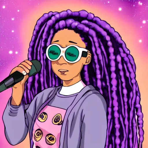 Image similar to black woman with purple dreads with a microphone in space in the style of ghibli