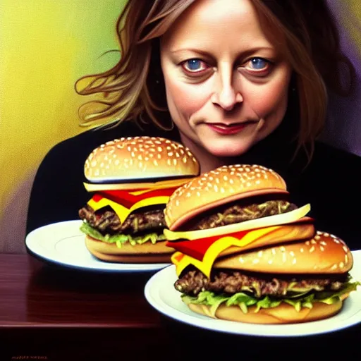 Prompt: oil painting of jodie foster with her big mac hamburgers, intricate, elegant, highly detailed, lighting, painting, artstation, smooth, illustration, art by greg rutowski and alphonse mucha