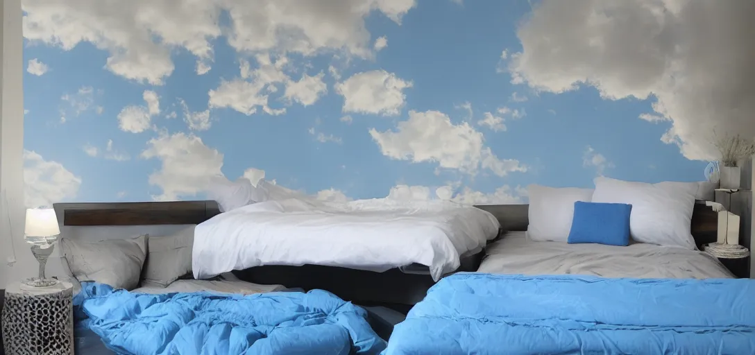 Prompt: a bed made out of clouds and blue sky floating in the sky