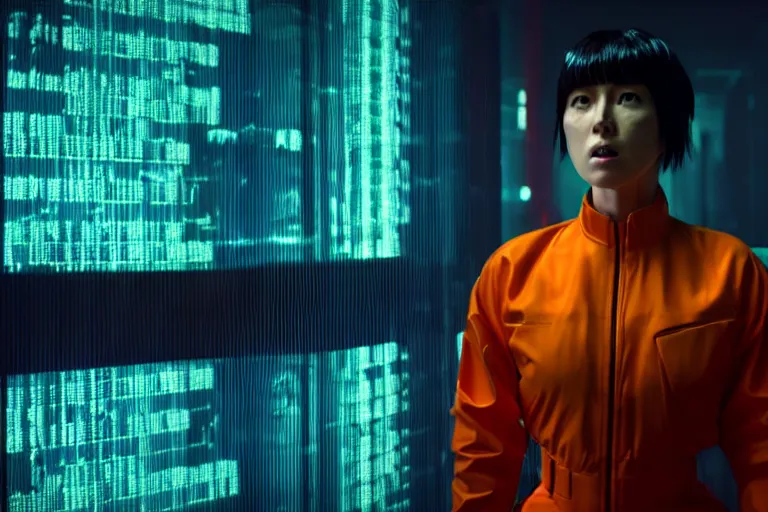 Image similar to major motoko wearing an orange prison jumpsuit, large hologram of a screaming face dominates the background, photography by fred palacio medium full shot still from bladerunner 2 0 4 9, sci fi, bladerunner, canon eos r 3, f / 3, iso 2 0 0, 1 / 1 6 0 s, 8 k, raw, unedited