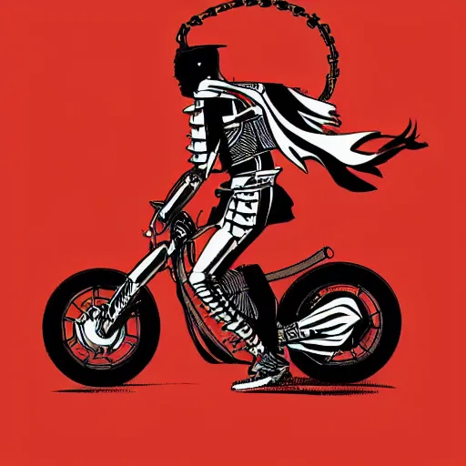 Image similar to An illustration of a mechanical punk motorcyclist carrying a samurai sword , on a red background, by matt griffin