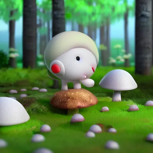 Prompt: a cartoon render of a cute little mochi ball exploring a mushroom forest