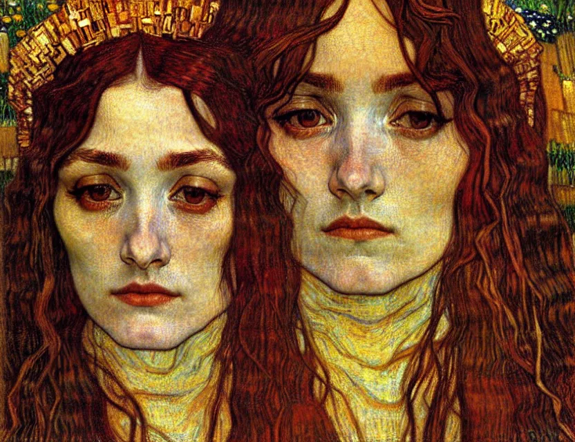 Image similar to detailed realistic beautiful young medieval queen face portrait by jean delville, gustav klimt and vincent van gogh, art nouveau, symbolist, visionary, gothic, pre - raphaelite, muted earthy colors, desaturated