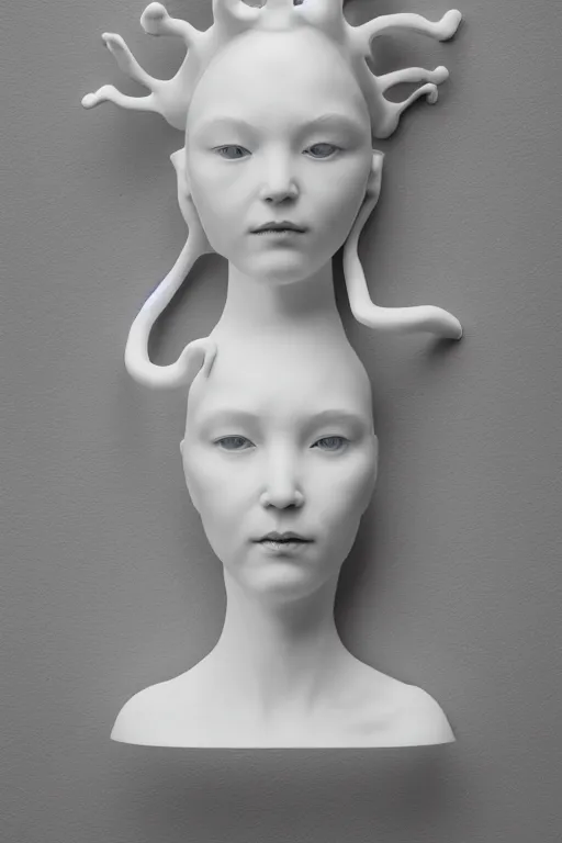 Image similar to full head and shoulders, beautiful female white, porcelain sculpture, jewellery designed by bjork, by daniel arsham and james jean, on a white background, delicate facial features, white eyes, white lashes
