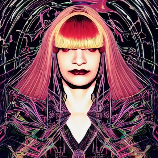 Prompt: portrait of crazy sia kate isobelle furler, symmetrical, glamour, by yoichi hatakenaka, masamune shirow, josan gonzales and dan mumford, ayami kojima, takato yamamoto, barclay shaw, karol bak, yukito kishiro, artgerm