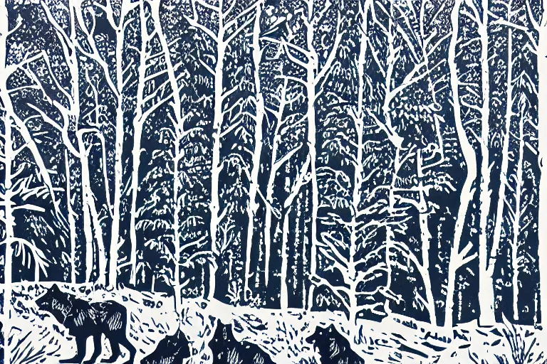 Image similar to werewolves in a winter forest, reaction diffusion linocut