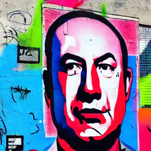 Prompt: benjamin netanyahu, graffiti, photograph, made by banksy, vivid colors, spray brush, midday, sunny, professional