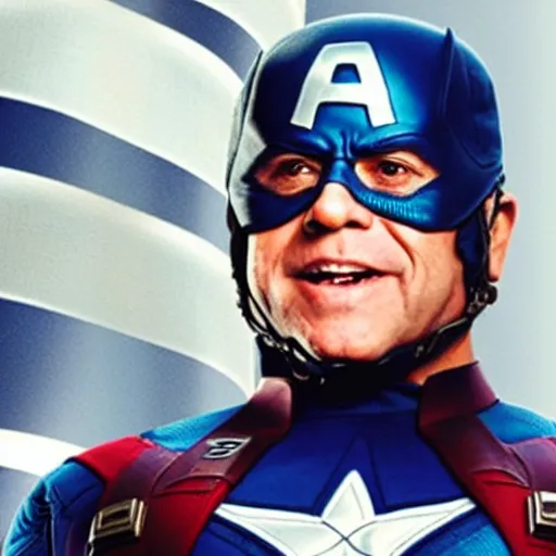 Image similar to film still it Danny Devito as captain America in the new marvel movie