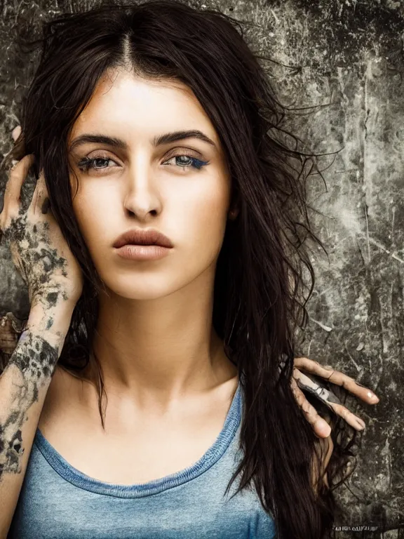 Image similar to hyperdetailed photo of a beautiful italian girl, brown eyes, dark hair, skin, winds of winter, with ripped grunge crop t - shirt fine face, pretty face