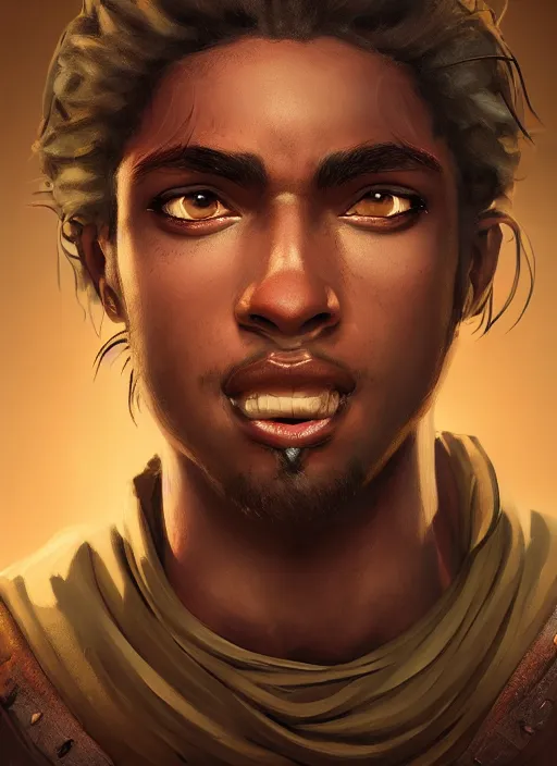 Prompt: An epic fantasy comic book style portrait painting of a young dark skinned long haired boy peasant with intelligent eyes, unreal 5, DAZ, hyperrealistic, octane render, cosplay, RPG portrait, dynamic lighting