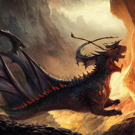 Image similar to corgi fighting a dragon, epic fantasy style, in the style of Greg Rutkowski, mythology artwork