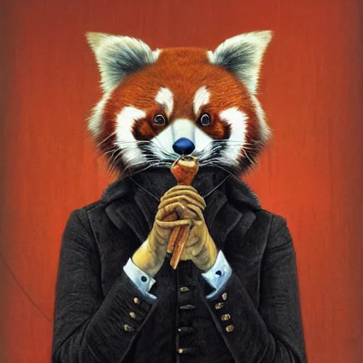 Prompt: Portrait of an anthropomorphic Red Panda crime boss smoking a cigar in a police cell. Very high quality. Drawn by James Christensen