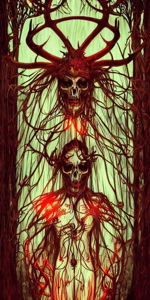 Image similar to intense glowing black metal pagan god with antlers and blood and intense glowing eyes with a bull skull in very dark forest by giger and alphonse mucha, portrait, fantasy, clear, red and teal and shining gold, light beams, lens flare, intense, uhd, amazing depth, cinematic lighting