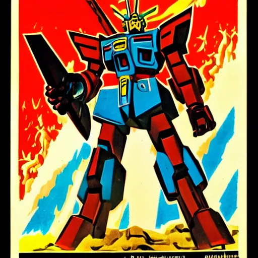 Image similar to detailed soviet propaganda poster of a gundam holding a pickaxe