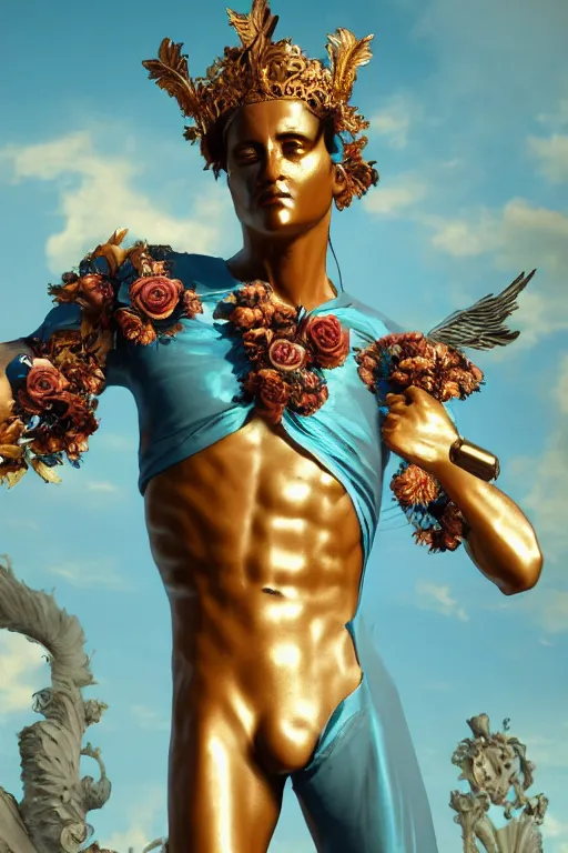 Image similar to a young handsome Latino prince in a full-body bronze cyberpunk style statue of Icarus with glowing blue eyes, crown of peach roses, flowing teal-colored silk, fabric, flowers. baroque elements, human skull. full-length view. baroque element. intricate artwork by caravaggio. many many birds birds on background. Trending on artstation, octane render, cinematic lighting from the right, hyper realism, octane render, 8k, depth of field, 3D