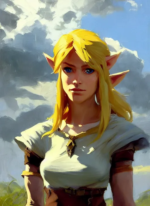 Prompt: Greg Manchess painting of a female Link from Legend of Zelda, countryside, calm, fantasy character portrait, dynamic pose, above view, sunny day, thunder clouds in the sky, artwork by Jeremy Lipkin and Giuseppe Dangelico Pino and Michael Garmash and Rob Rey, very coherent asymmetrical artwork, sharp edges, perfect face, simple form, 100mm