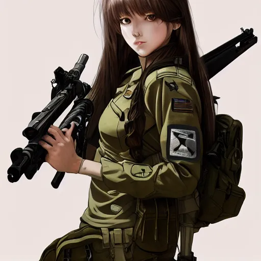 Prompt: soldier girl, army, anime style, long hair, hair down, symmetrical facial features, girls frontline cg, hyper realistic, pale skin, 4 k, rule of thirds, extreme detail, detailed drawing, trending artstation, hd, heavy backpack, d & d, realistic lighting, by alphonse mucha, greg rutkowski, sharp focus, backlit