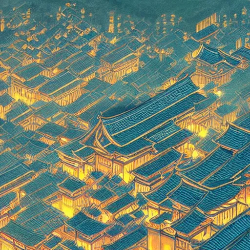 Image similar to A beautiful painting of the Ancient city in China at night by Victo Ngai, Hyakki Yako, effect, unreal engine, Trending on artstation，super wide view、Overhead view