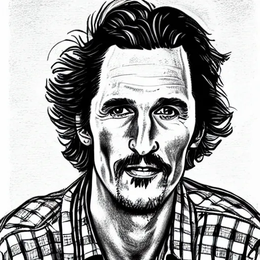 Image similar to a portrait drawing of Mathew McConaughey drawn by Robert Crumb