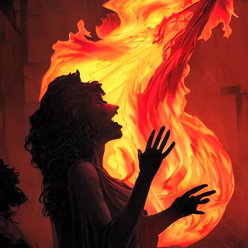 Image similar to a gargoyle in silhouette wearing a flowing gown made of fire, engulfed in a whirling fire tornado firestorm, emitting smoke and sparks, fantasy, cinematic, fine details by realistic shaded lighting poster by ilya kuvshinov katsuhiro otomo, magali villeneuve, artgerm, jeremy lipkin and michael garmash and rob rey