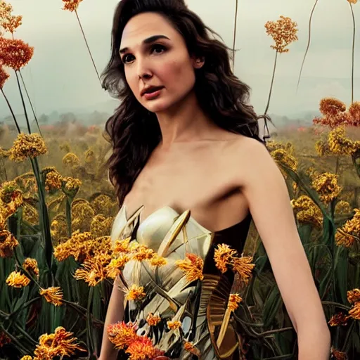 Image similar to photo of the beauty gal gadot, she is posing while maintain a sweet eye contact to the camera, she has a crown of flowers, the photo was taken at sunset with a bokeh effect, photo by edward steichen, photorealistic, matte painting, hyper realistic, 4 k, 8 k, cinematic composition, hd, highly detailed, trending on artstation