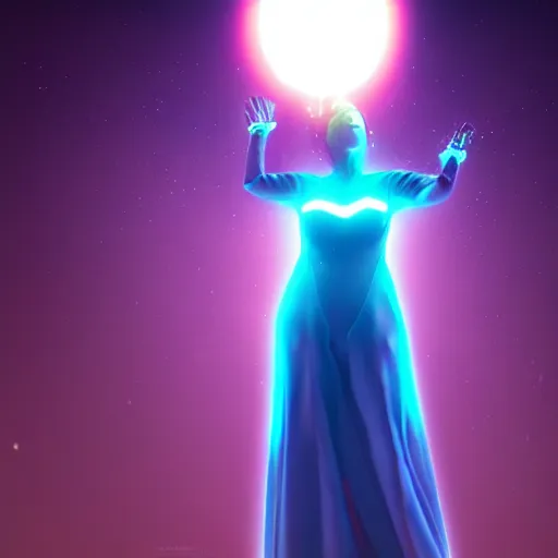 Image similar to a powerful goddess woman floating with a glowing orb of blue power in her hand, trending on artstation, colourful, powerful, dark, mysterious, unreal engine 5