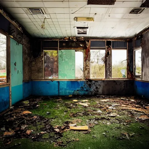 Prompt: an abandoned 1 9 5 0 diner, in bad condition, floor is overgrown with grass. moody and melanchony lighting, with slight cyan and pink.