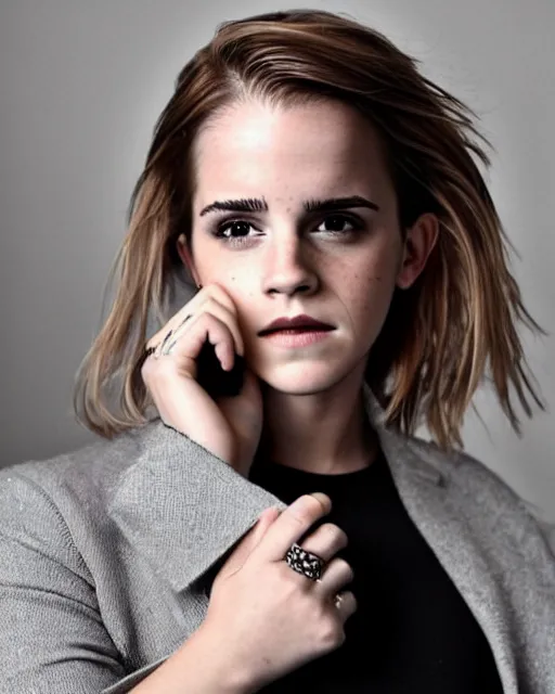 Prompt: A photo of tough looking emma watson. she has wedding rings on his fingers. 50 mm. perfect ring.