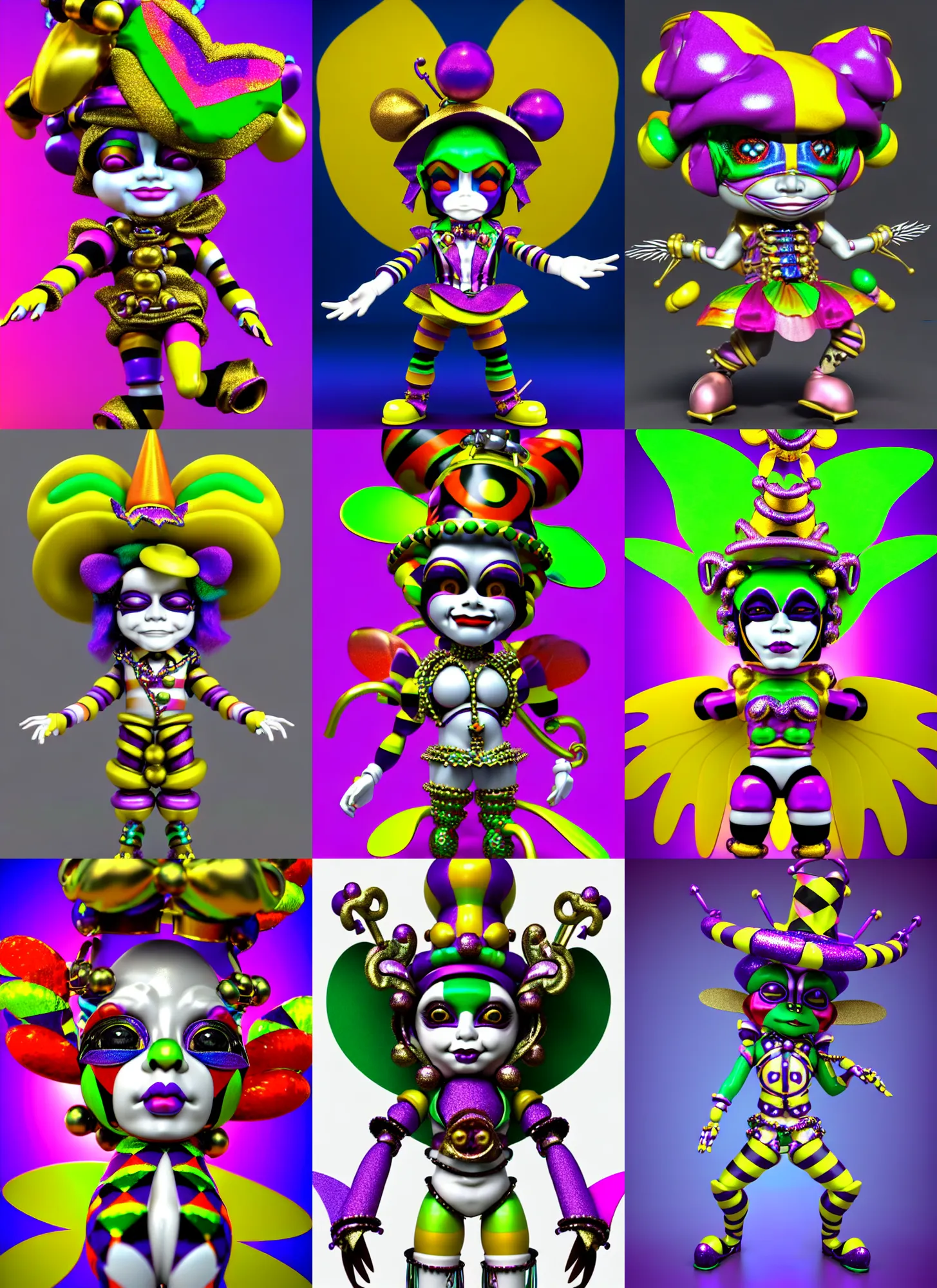 Prompt: 3d render of chibi 'cyborg Mardi Gras jester harlequin doll' by Ichiro Tanida wearing a 'jester cap and bells cockscomb cap' and wearing angel wings against a psychedelic swirly background with 3d butterflies and 3d flowers n the style of 1990's CG graphics 3d rendered y2K aesthetic by Ichiro Tanida, 3DO magazine