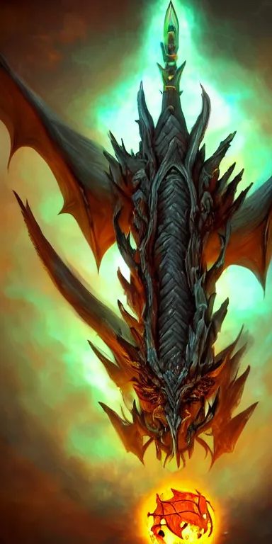 Image similar to draconic staff, dragon staff, dragon head on top of the staff, glowing draconic staff, epic fantasy style art, fantasy epic digital art, epic fantasy weapon art, hearthstone style art