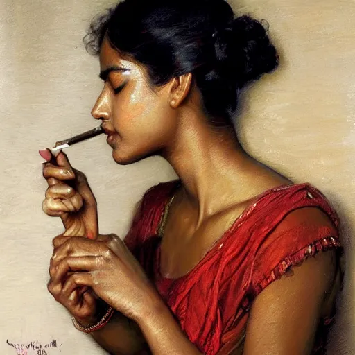 Image similar to detailed portrait of sri lankan girl smoking joint, girl graceful, eyes closed, painting by gaston bussiere, craig mullins, j. c. leyendecker