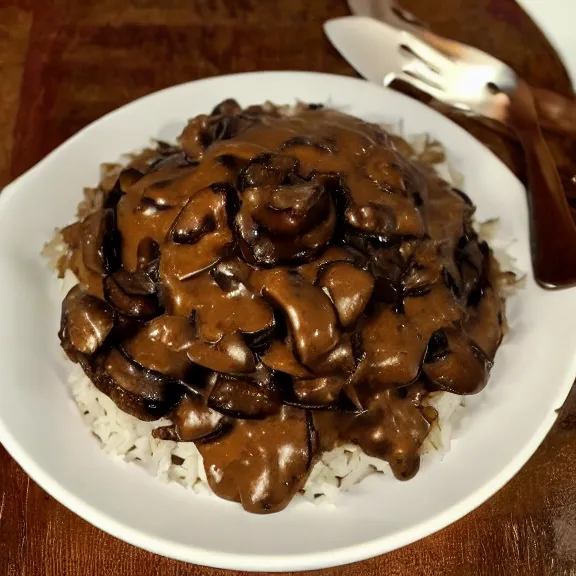 Prompt: brown mushroom sauce on rice, michelin star