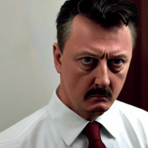 Image similar to Igor Ghirkin Strelkov as The American Psycho doing the Bateman stare, cinematic still