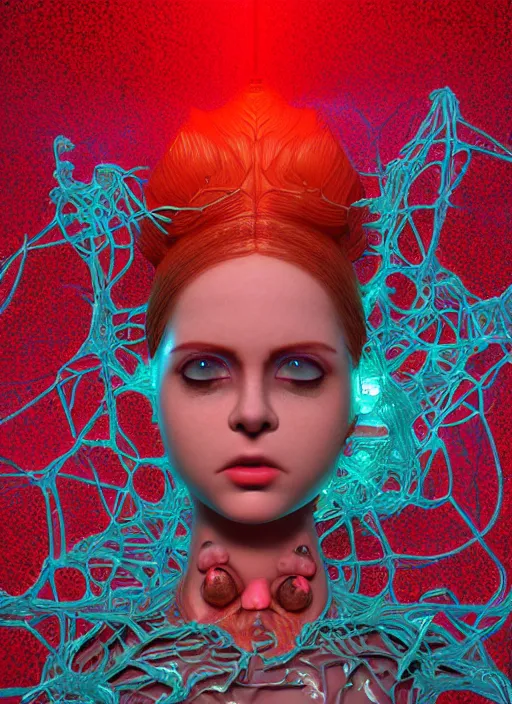 Image similar to hyper detailed 3d render like a sculpture - profile subsurface scattering (a beautiful fae princess protective playful expressive from that looks like a borg queen grumpy cat wearing a sundress made of flowers) seen red carpet photoshoot in UVIVF posing in caustic light pattern pool of water to Eat bite of the Strangling network of yellowcake aerochrome and milky Fruit and His delicate Hands hold of gossamer polyp blossoms bring iridescent fungal flowers whose spores black the foolish stars by Jacek Yerka, Ilya Kuvshinov, Mariusz Lewandowski, Houdini algorithmic generative render, golen ratio, Abstract brush strokes, Masterpiece, Victor Nizovtsev and James Gilleard, Zdzislaw Beksinski, Tom Whalen, Mark Ryden, Wolfgang Lettl, hints of Yayoi Kasuma and Dr. Seuss, Grant Wood, octane render, 8k, maxwell render, siggraph