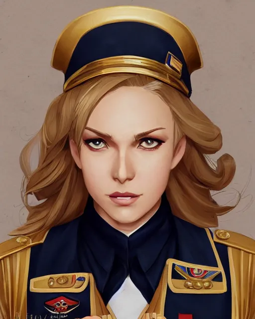 Image similar to A blonde woman in a navy blue military dress uniform, visualartzi, dieselpunk, anime, concept art by Karla Ortiz, James Paick, Charlie Bowater, Krenz Cushart, highly detailed, ultra detailed, ultra realistic, trending on artstation, cgstudio