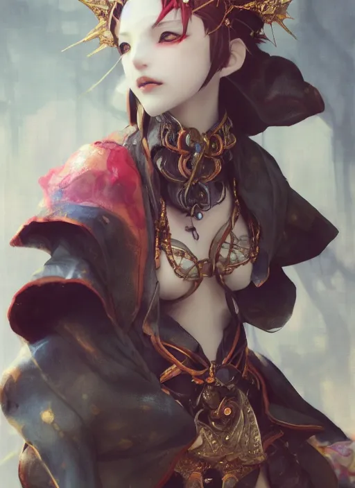 Image similar to matte painting, by yoshitaka amano, by ruan jia, by conrad roset, by good smile company, detailed anime 3d render of a female jester goddess, portrait, cgsociety, artstation, quirky modular costume and grand headpiece in the style of fischer price, surreal mystical atmosphere