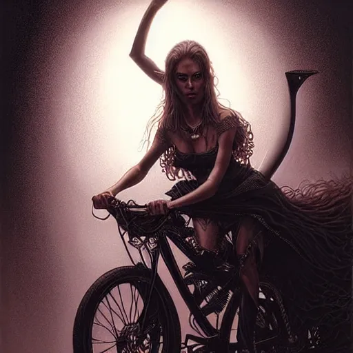 Image similar to portrait of woman riding a man like a bicycle, dark, piercing eyes, exotic expression, esoteric clothing, photorealistic, highly detailed, mysterious lighting, artstation, smooth, sharp focus, art by michael whelan, artgerm, greg rutkowski and luis royo